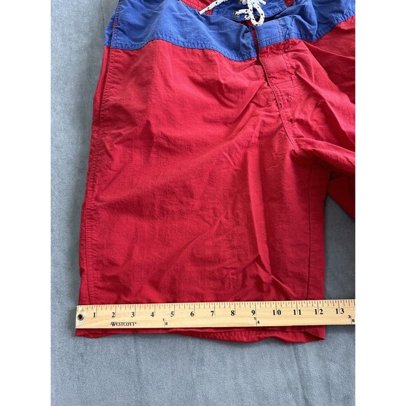 90s TOMMY HILFIGER Mens Medium Mesh Lined Red Blue Swim Trunks Shorts Colorblock - Picture 12 of 14